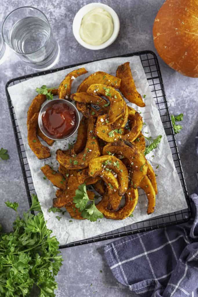 pumpkin fries with ketchup and a dish towel