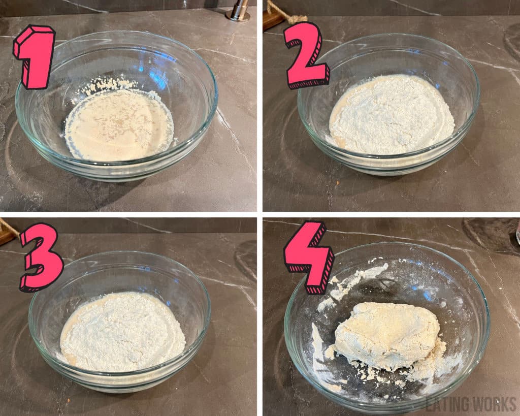 photos showing process of how to make the dough for gluten free pizza rolls recipe