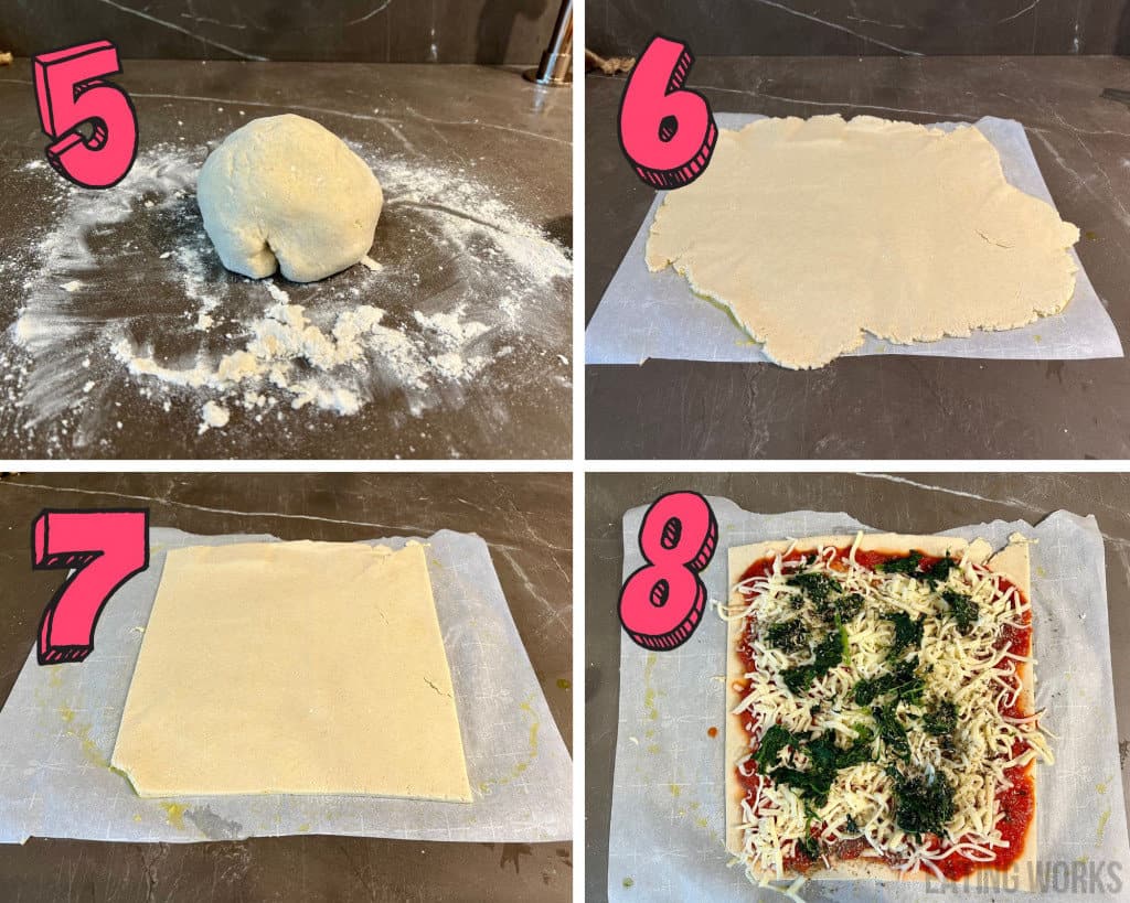 photos showing process of how to kneed pizza dough, roll out the dough and add the toppings for gluten free pizza rolls recipe