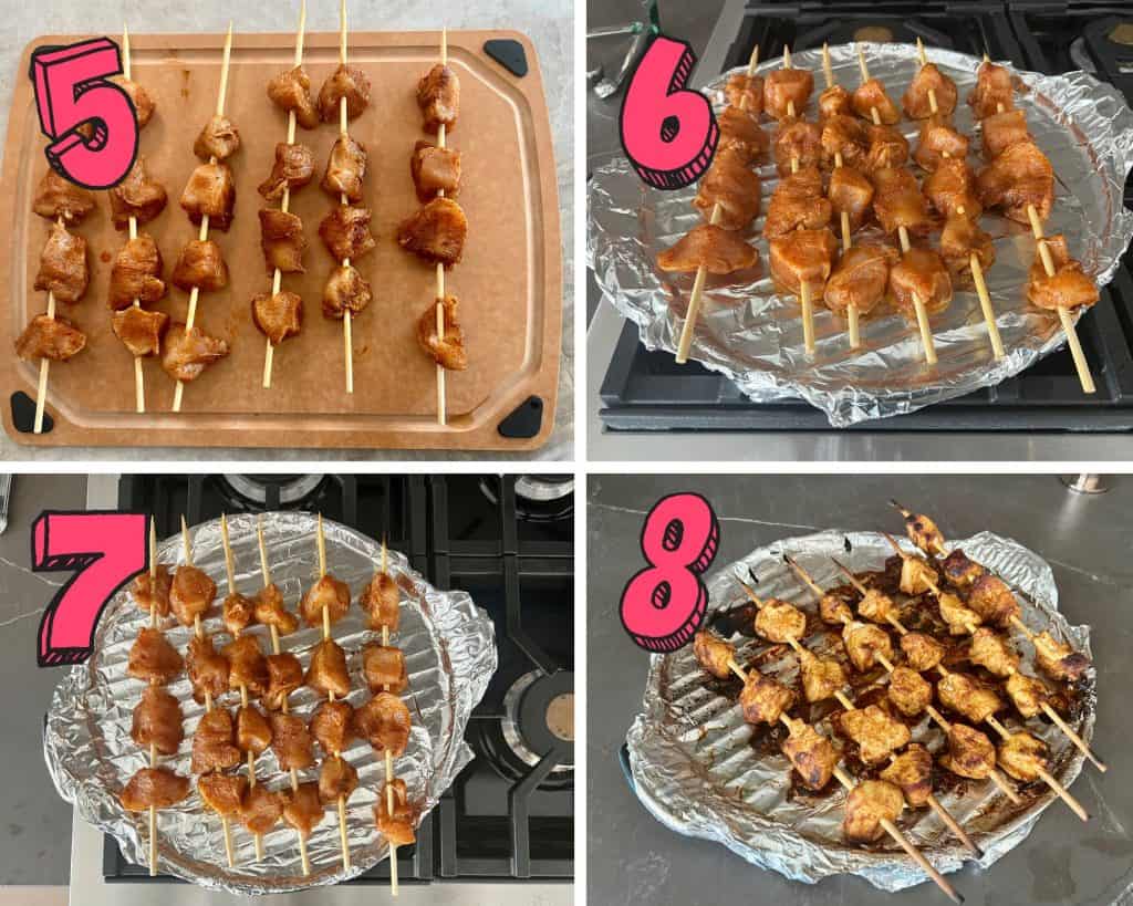 step by step photos showing how to grill chicken kabobs on a grill pan