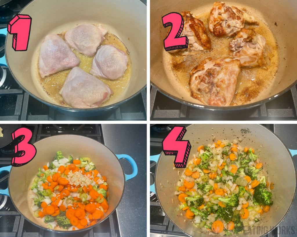 process shots showing how to make gluten free chicken soup in a pot