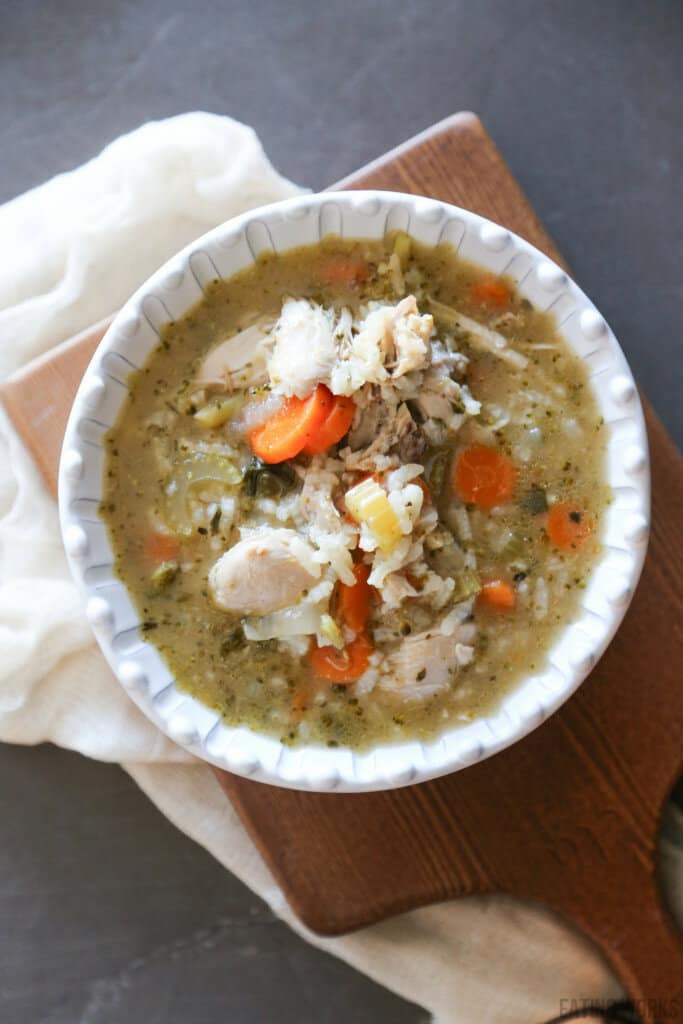 Chicken and rice soup for diarrhea in a bowl 