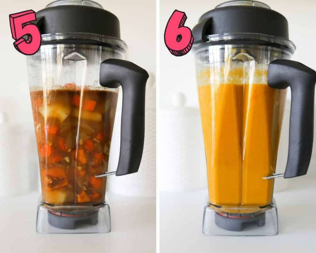 process shots showing sweet potato and pumpkin soup mixed in a blender.