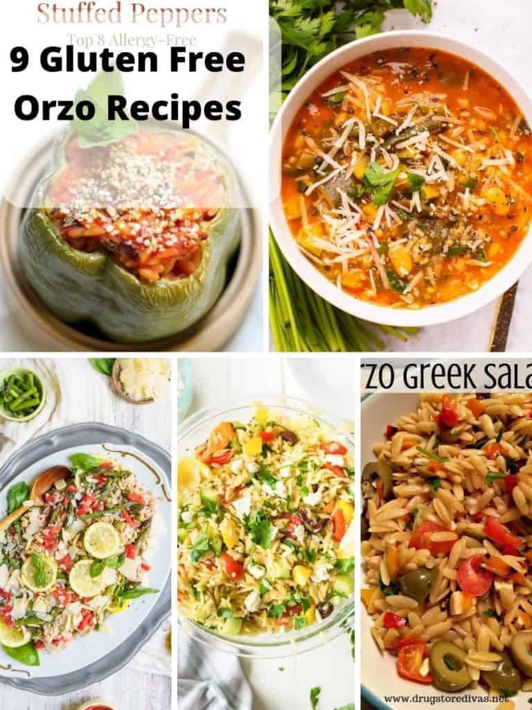 photo collection of gluten free orzo recipes including greek orzo salad, lemon and orzo soup, orzo minestrone soup and stuffed peppers