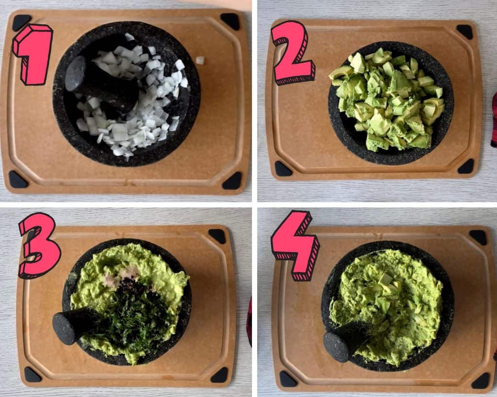 process shots showing how to make guacamole recipe without tomatoes in a mortar and pestle 