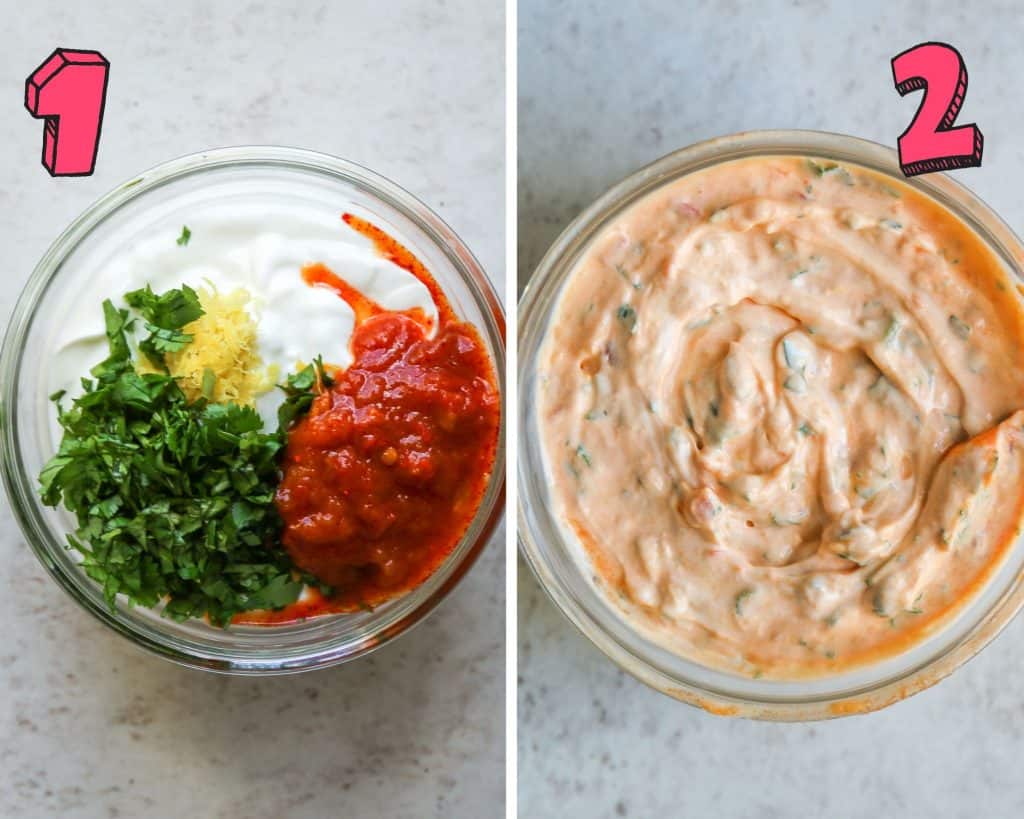 process shots showing how to make harissa yogurt dip