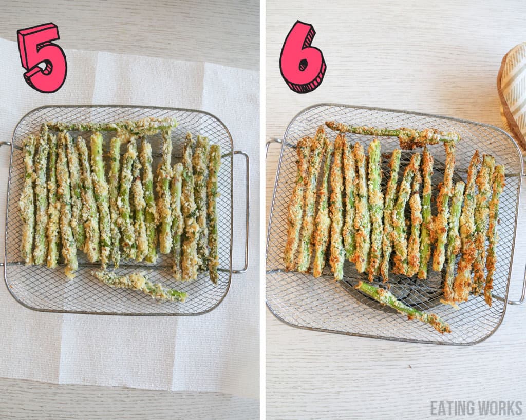 photos of air fryer asparagus fries before and after they are cooked in the air fryer basket