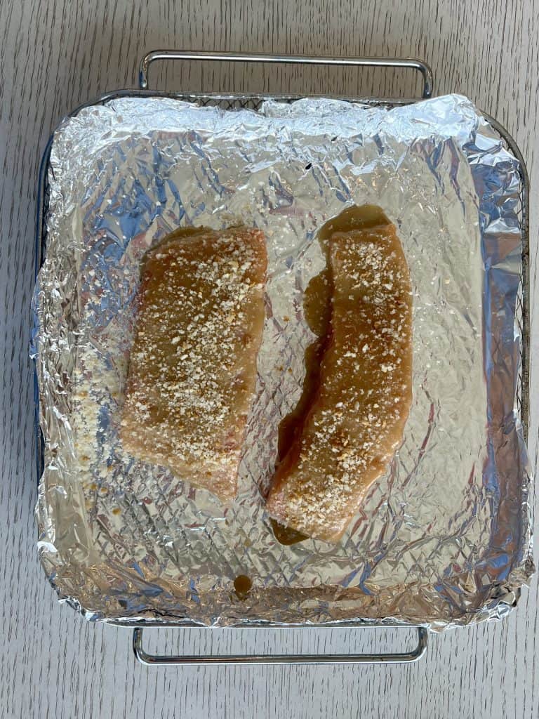 Gluten free salmon with mustard glaze before cooking 
