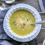 broccoli and cheddar soup in a bowl