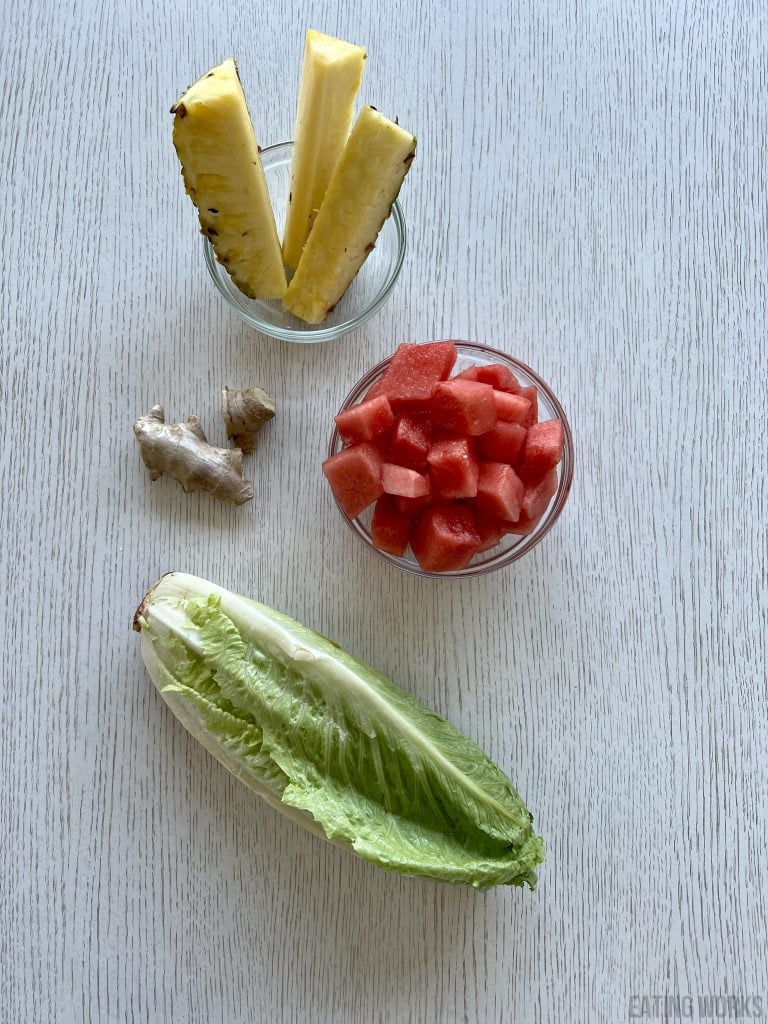 ingredients for watermelon and pineapple juice recipe: watermelon romaine lettuce pineapple and ginger root