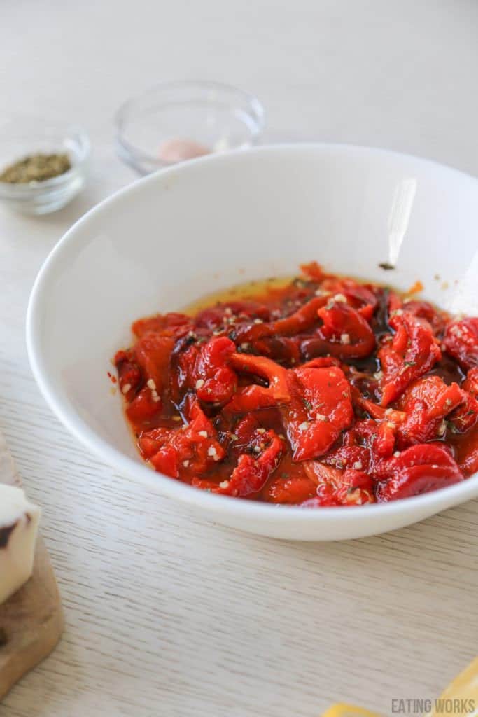 Italian roasted peppers recipe in a white bowl