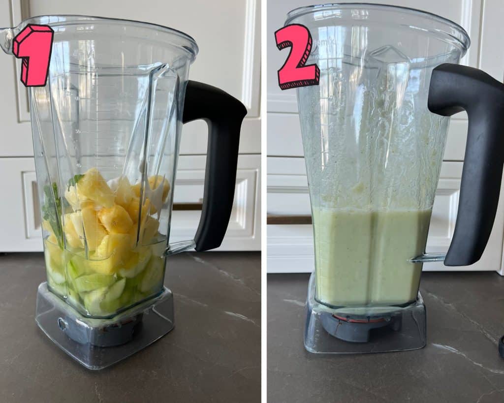 photos showing how to make a pineapple cucumber smoothie in the blender 