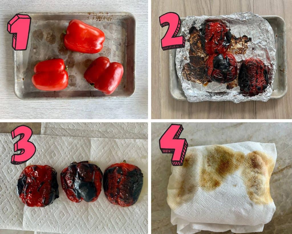 process photos showing how to roast peppers and peel the skin for this roasted pepper and onions recipe