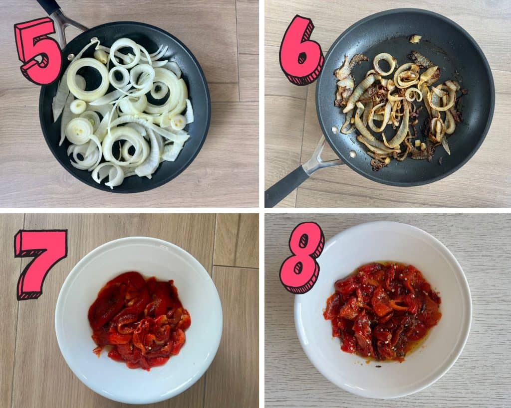 process photos showing how caramelize onions for this roasted pepper and onions recipe