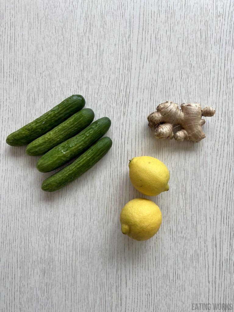 ingredients for cucumber lemon ginger water, English cucumbers lemons and ginger root