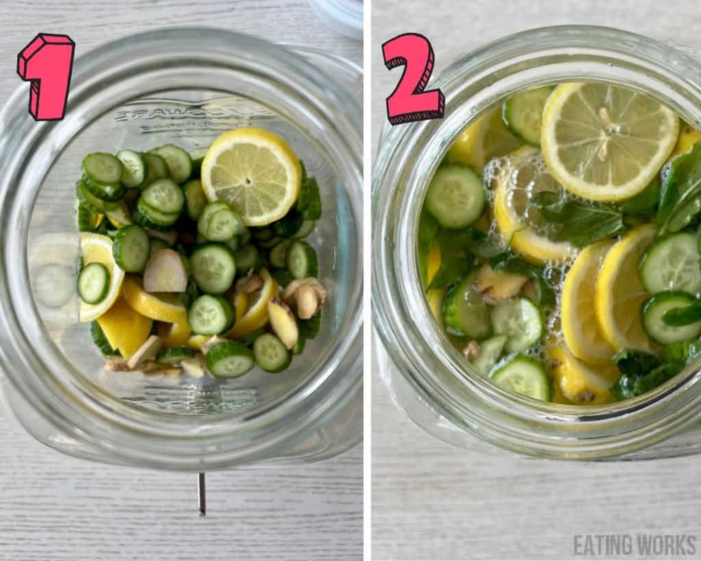 process shots showing how to make cucumber lemon ginger water