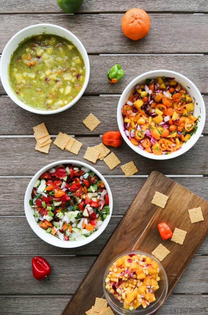 bowls of garden fresh salsa mango corn salsa and mango habanero salsa