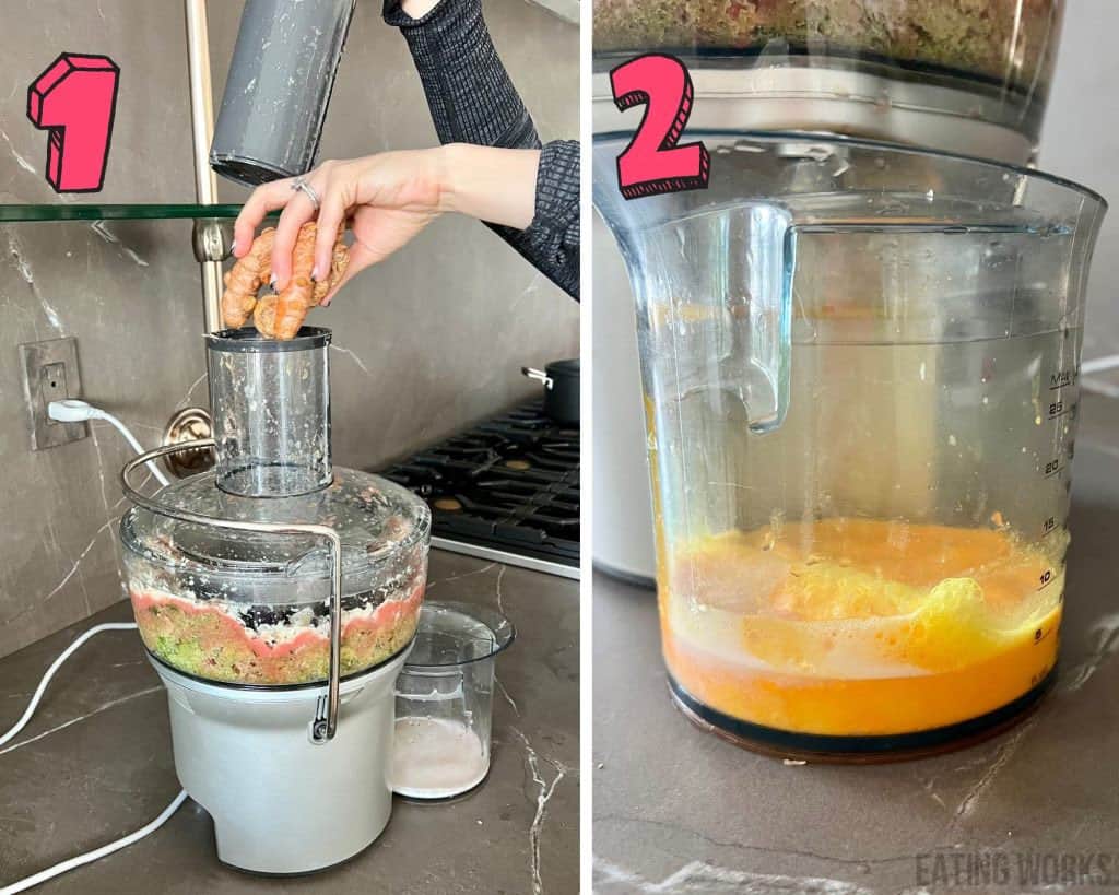 process shots showing how to make a lemon ginger turmeric shot in a juicer