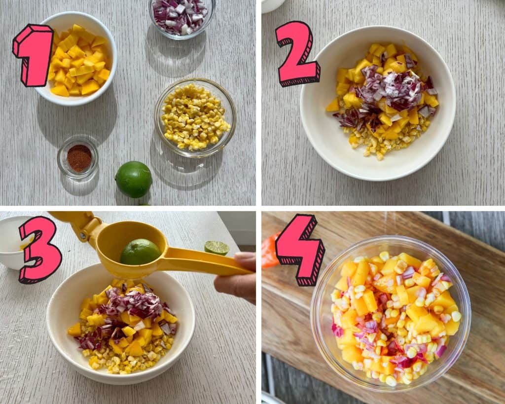 process shots showing how to make mango corn salsa