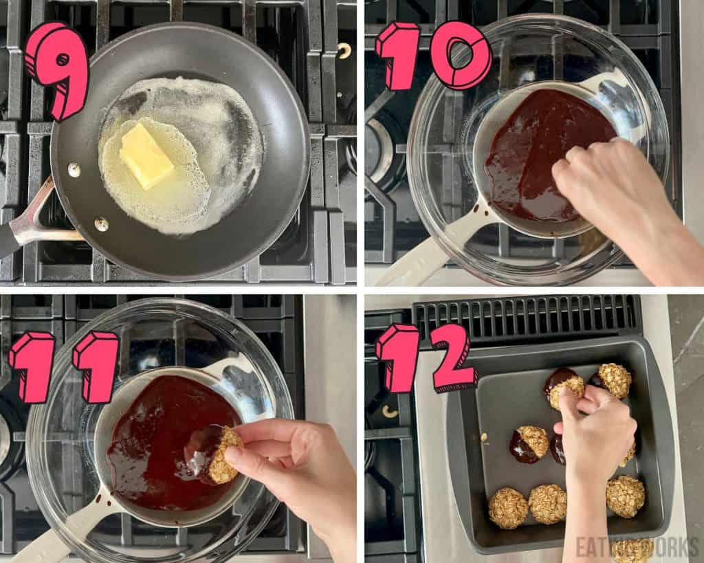 process shots showing how to make the chocolate dip make the chocolate dip by melting butter, add cocoa powder. put chocolate over double boiler and dip cookies in the chocolate and transfer to a cookie sheet