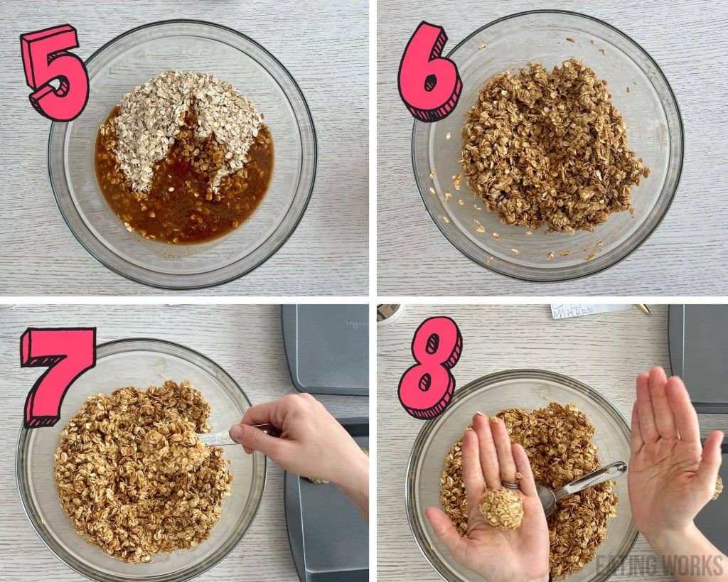 process shots showing how to make no bake pumpkin cookies.  pour wet ingredients over oats, mix oats, use a spoon to scoop out batter roll batter into a ball