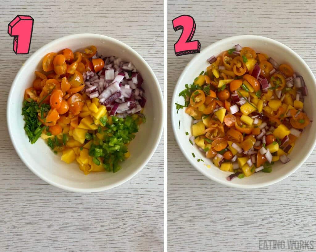 process photos showing how to make pineapple pico de gallo by mixing ingredients in a bowl