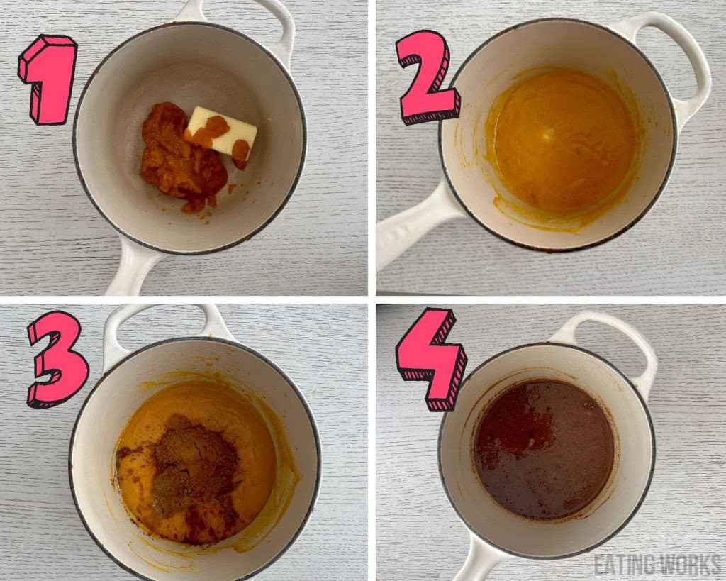 process shots showing how to make no bake pumpkin cookies, melt butter and pumpkin puree, add spices and sweetener and milk.  mix to combine