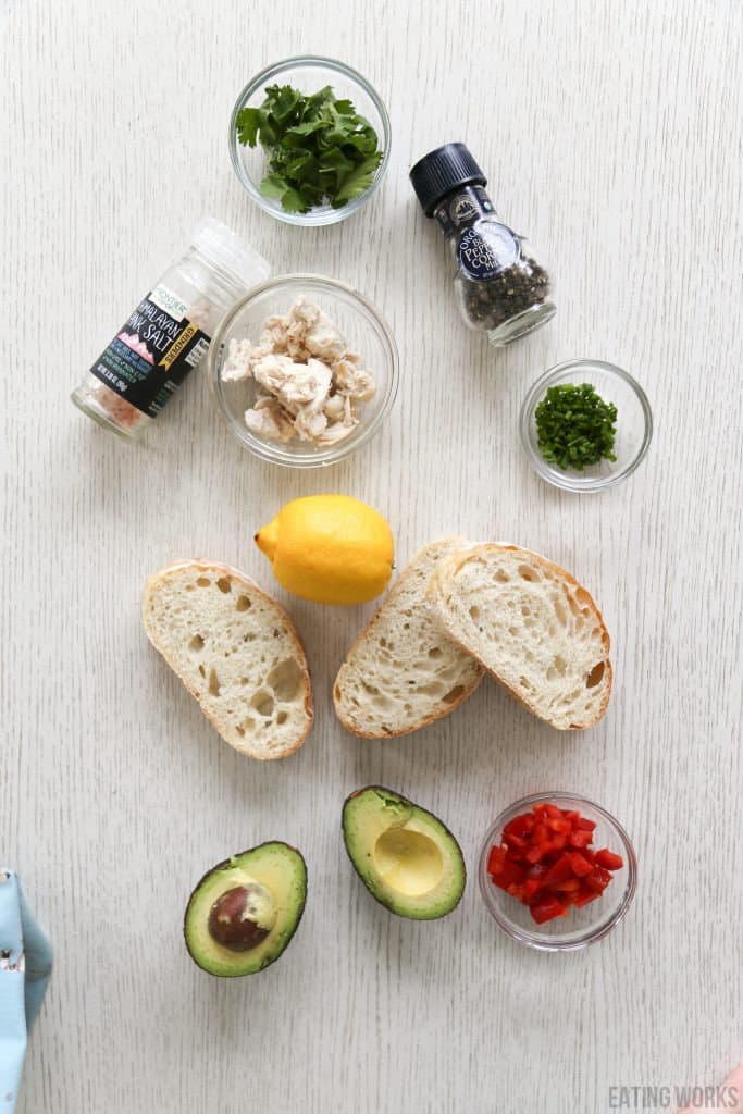 ingredients for chicken avocado toast bread cilantro salt pepper lemon chives avocado and peppers