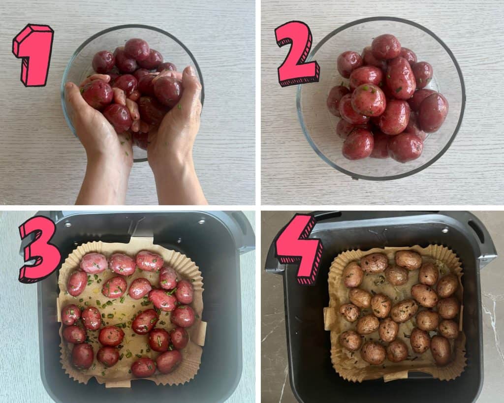 process photos showing how to make air fryer red skin potatoes 