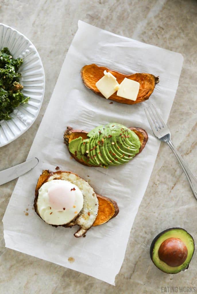 air fryer sweet potato toast with different toppings like avocado egg and butter