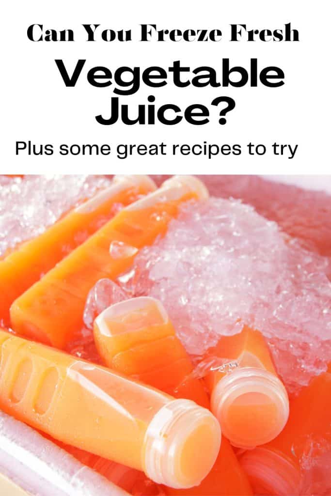 photo of frozen vegetable juice in bottles with ice with text that says can you freeze vegetable juice?