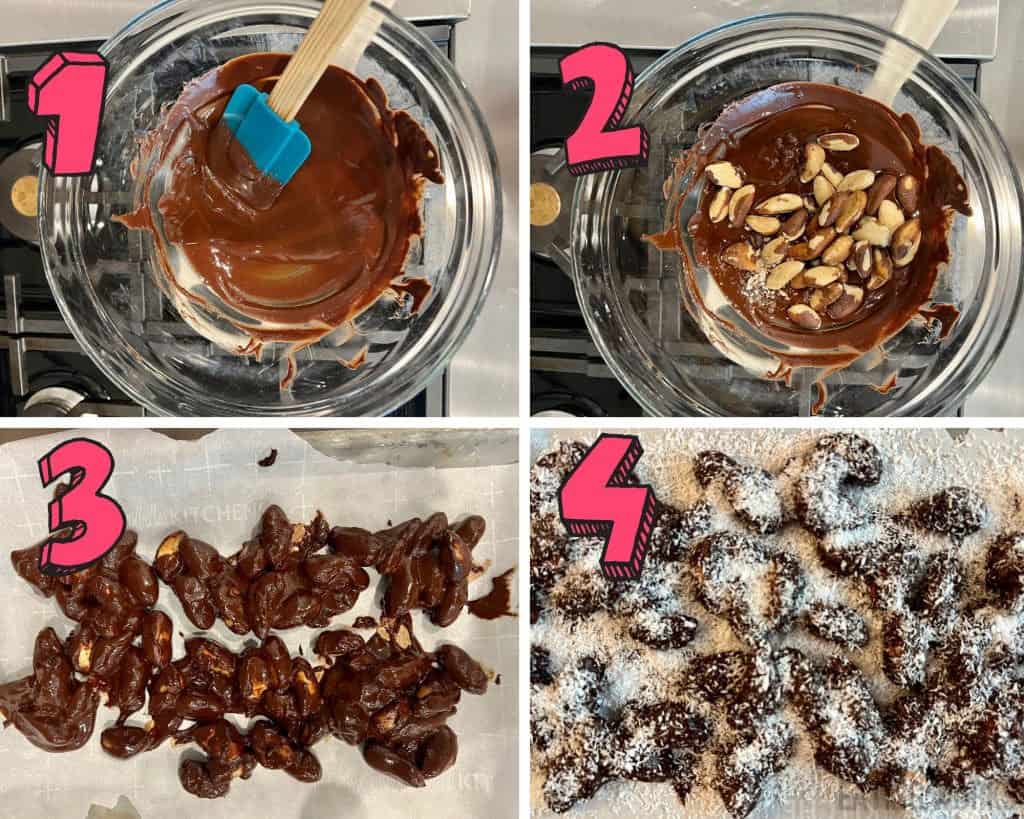 process shots showing how to melt chocolate and coat brazil nuts in chocolate and shredded coconut for chocolate covered brazil nuts