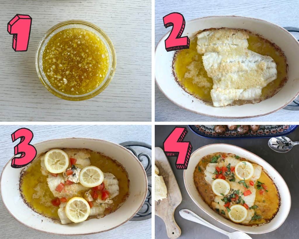 process shots showing how to make greek cod recipe 
