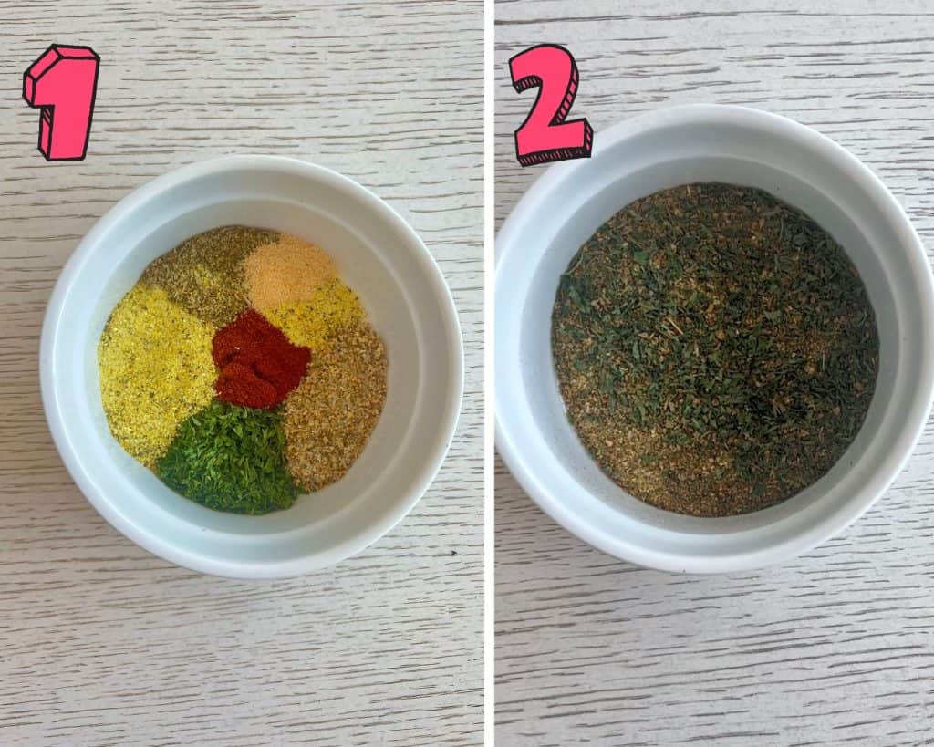 process shots showing how to mix spices for Mediterranean spice blend