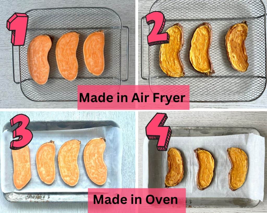 step by step photos showing how to make sweet potato toast in an air fryer and in an oven