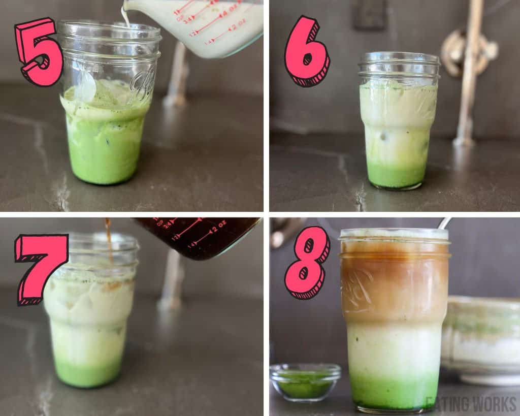 process photos showing how to layer a dirty matcha latte 