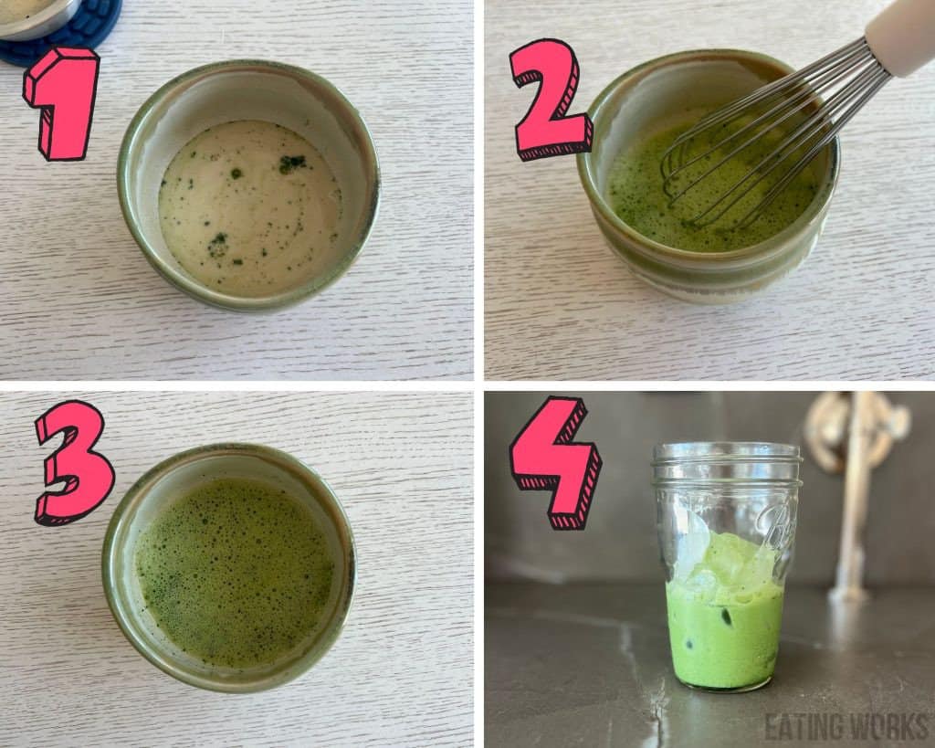 process photos showing how to make a dirty matcha latte 