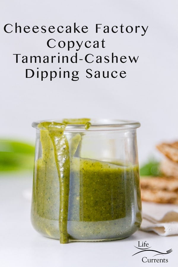 Tamarind Cashew Dipping Sauce in a jar on a white background with the title.