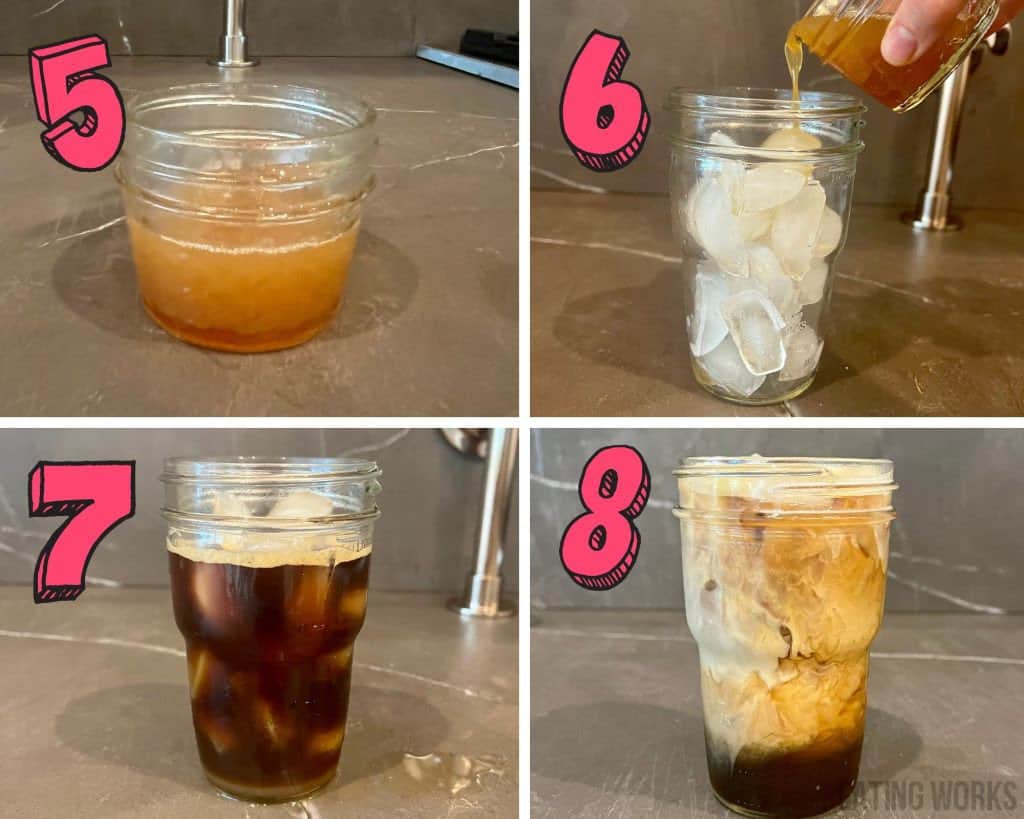 process shots showing how to assemble the macchiato by adding syrup to a cup of ice along with expresso then pouring in milk