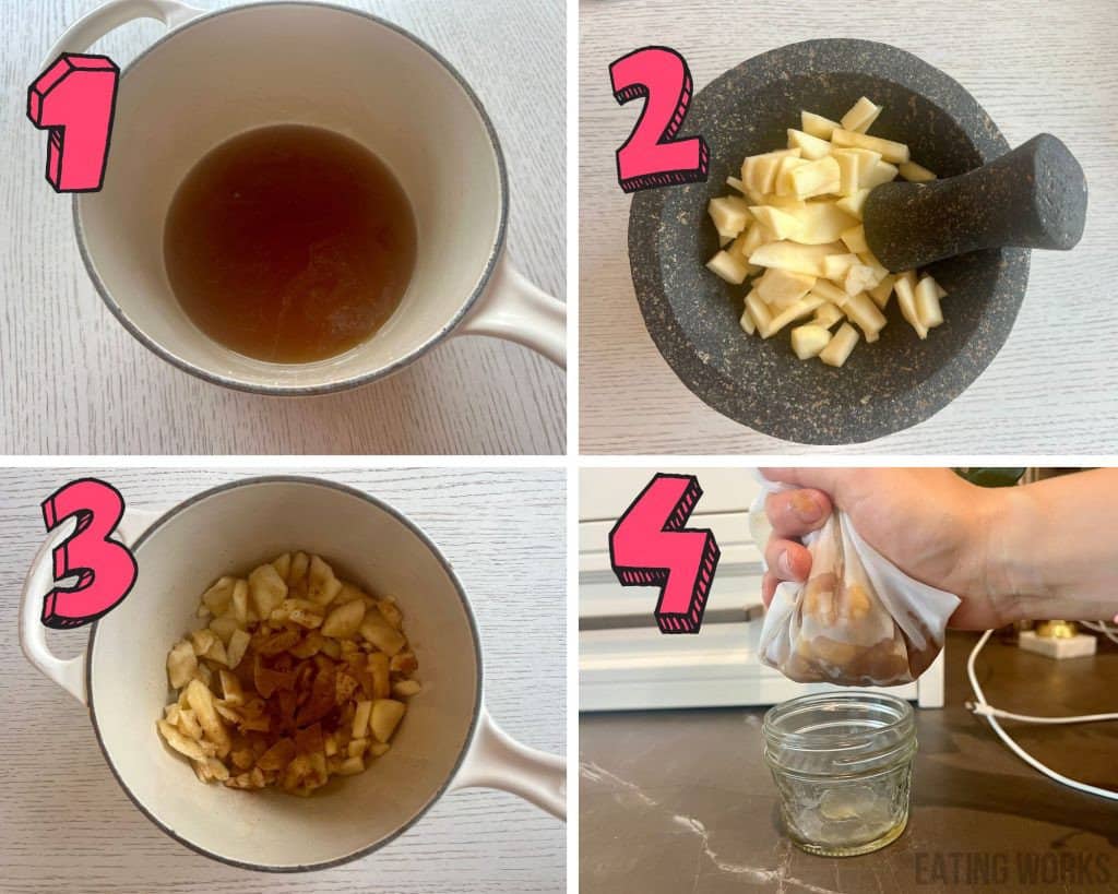process shots showing how to make a starbucks copycat apple crisp macchiato drink by making simple syrup, muddling apples, cooking the apples and straining the syrup out of the apples with a nutmilk bag