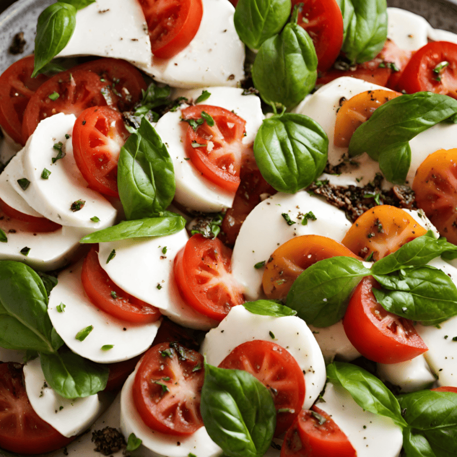 A close up of a plate of Caprese salad salad with mozzarella, tomatoes and basil.