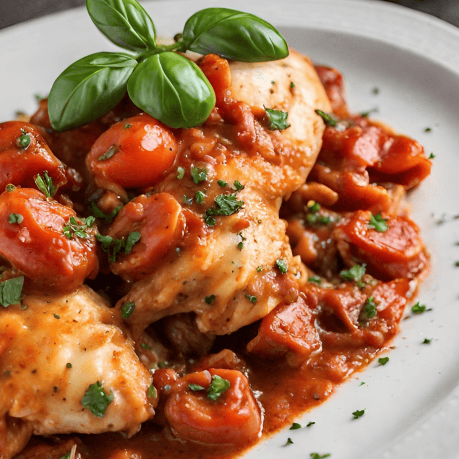 A close up of chicken cacciatore with cherry tomato sauce on a white plate.