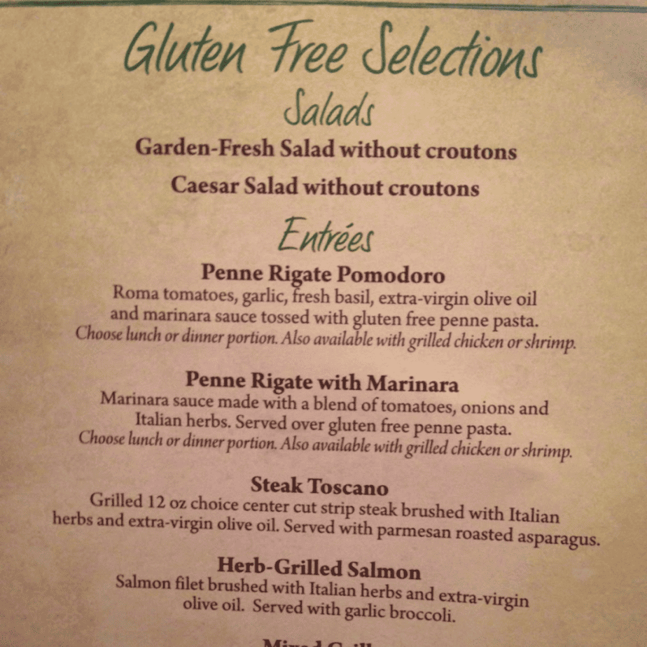 A close up of a Olive Garden menu for the gluten free selections.
